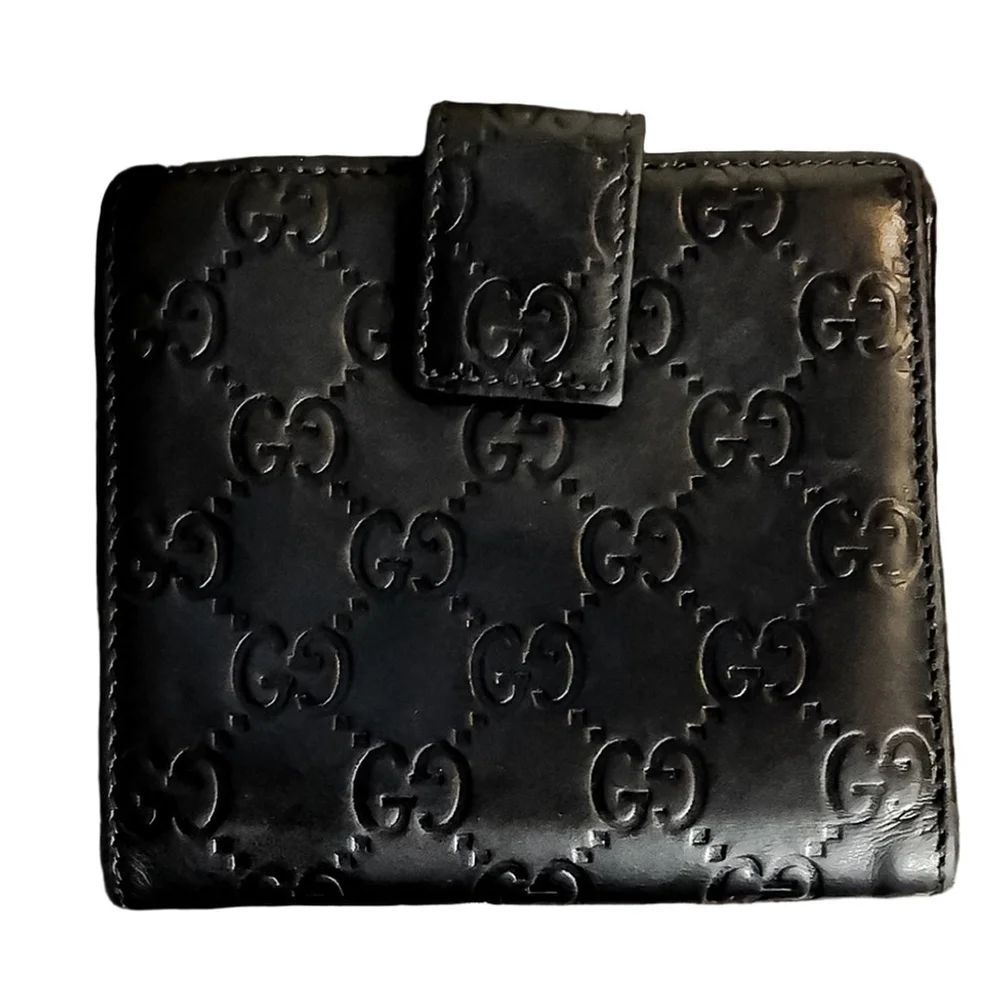 Men GUCCI Black Lambskin GG Guccismo Bifold Wallet With Billfold Coin Section